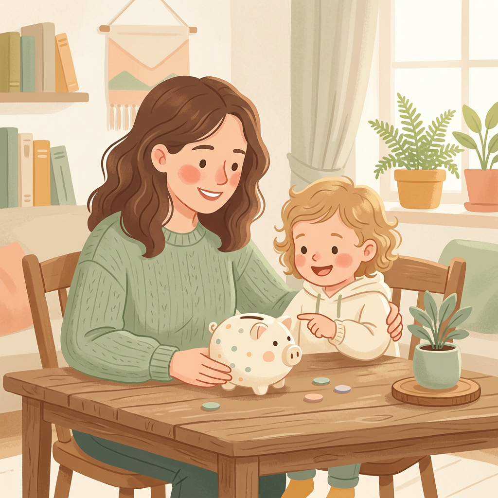 親子で貯金箱を眺めるイラスト